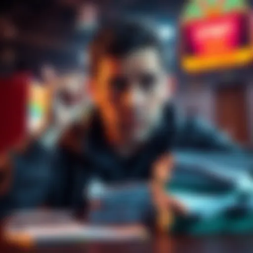 A person looking frustrated at a stack of betting slips, symbolizing the struggle of gambling addiction.