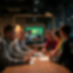 A group of individuals sitting together, sharing insights and strategies about betting in a casual setting, with a laptop and notes on the table
