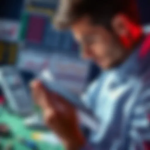 A person examining a betting slip with focus, surrounded by betting tools and charts.