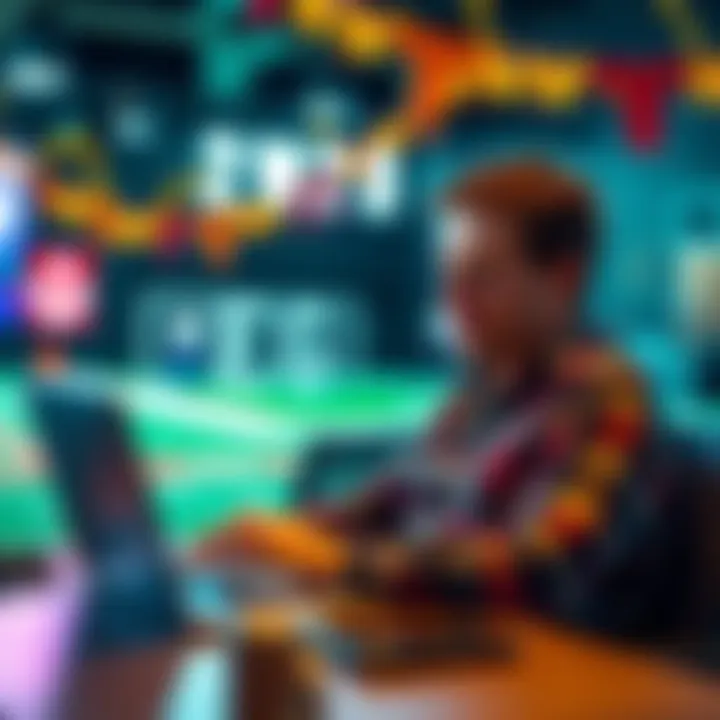 A football fan analyzing betting options on a laptop with Super Bowl decorations in the background.