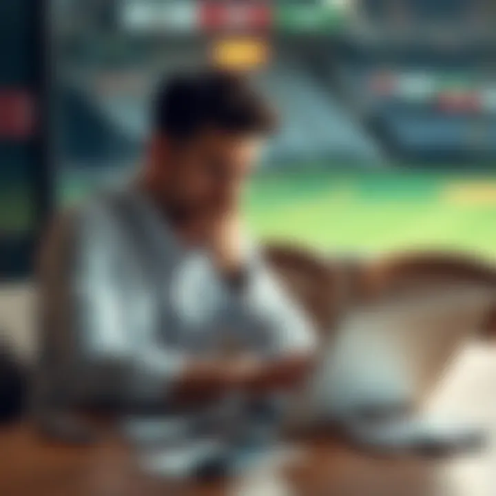 A worried individual sits at a table with a laptop, contemplating opening a betting account for their brother-in-law, with money and bank statements also visible.