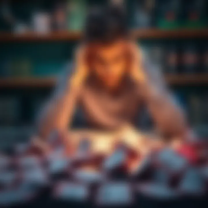 A person sitting at a table surrounded by losing betting slips, showing signs of frustration and despair.