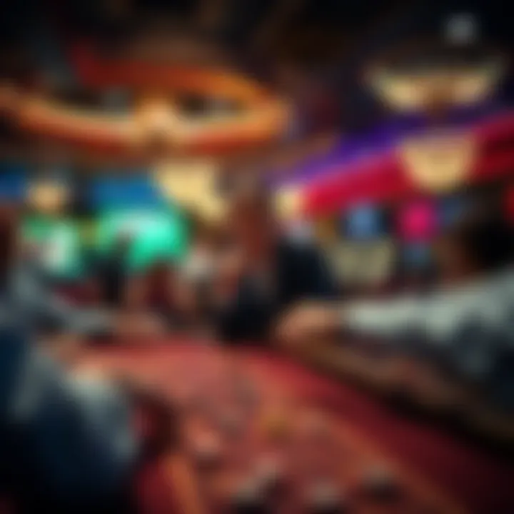 A person confidently putting down a $100 chip at a busy casino table, surrounded by excitement and other players.