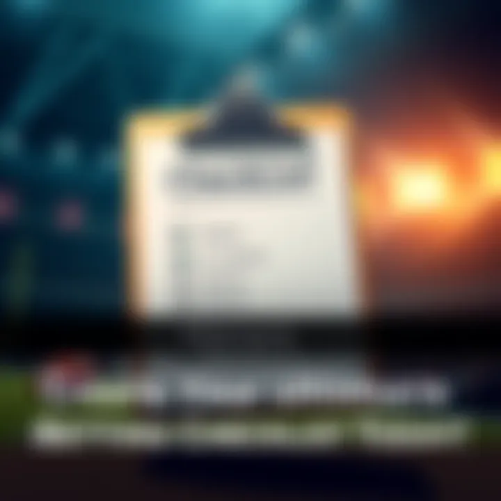 A checklist displayed on a clipboard with sports icons, focusing on key betting factors like teams and injury statuses.