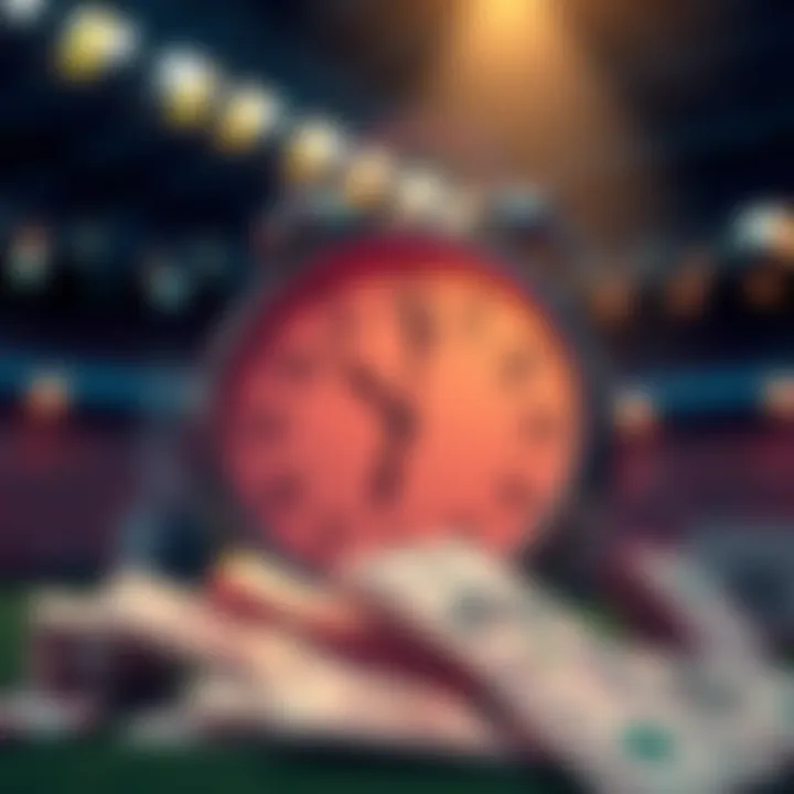 A clock ticking down to the deadline for placing bets, with betting slips and money in the foreground