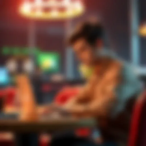 Person considering betting options A person sitting at a table with a laptop, looking thoughtful while analyzing betting odds and returns.