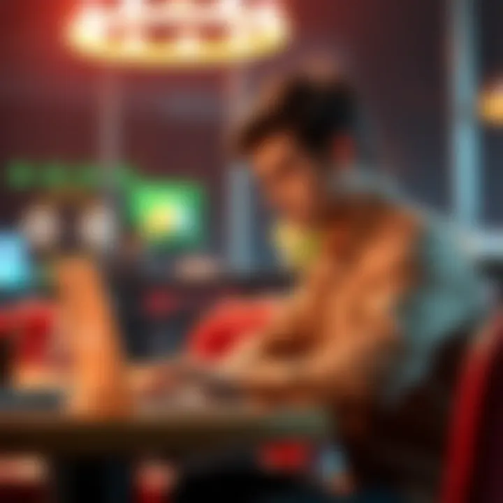 Person considering betting options A person sitting at a table with a laptop, looking thoughtful while analyzing betting odds and returns.