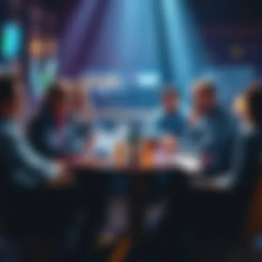 People discussing betting experiences A group of people exchanging stories about betting and bonuses at a round table with drinks and papers