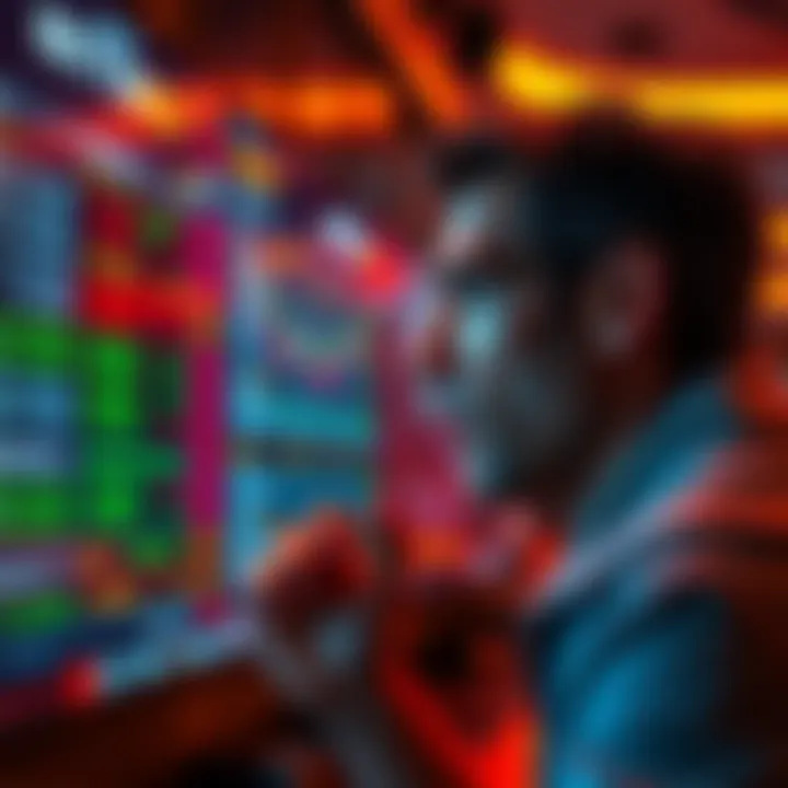 A person looking thoughtfully at sports betting odds on a screen, weighing their options and contemplating a bold wager.