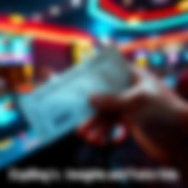A hand holding a betting slip with dollar signs and a casino backdrop