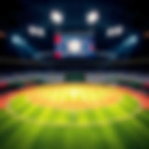 A baseball field with betting odds and promos displayed on a digital screen.
