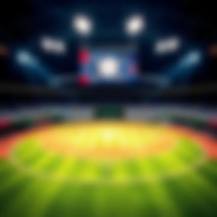 A baseball field with betting odds and promos displayed on a digital screen.