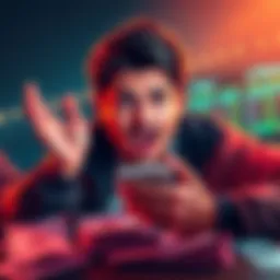 A person looking excited while checking betting results on a smartphone, with money and betting slips around them