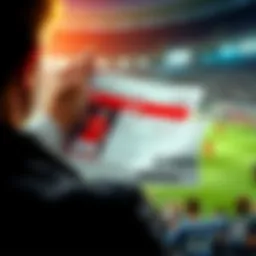 A person holds their head in disbelief while looking at a betting slip with a single goal and a red card highlighted. The background shows a sports event in progress.