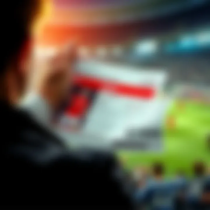 A person holds their head in disbelief while looking at a betting slip with a single goal and a red card highlighted. The background shows a sports event in progress.