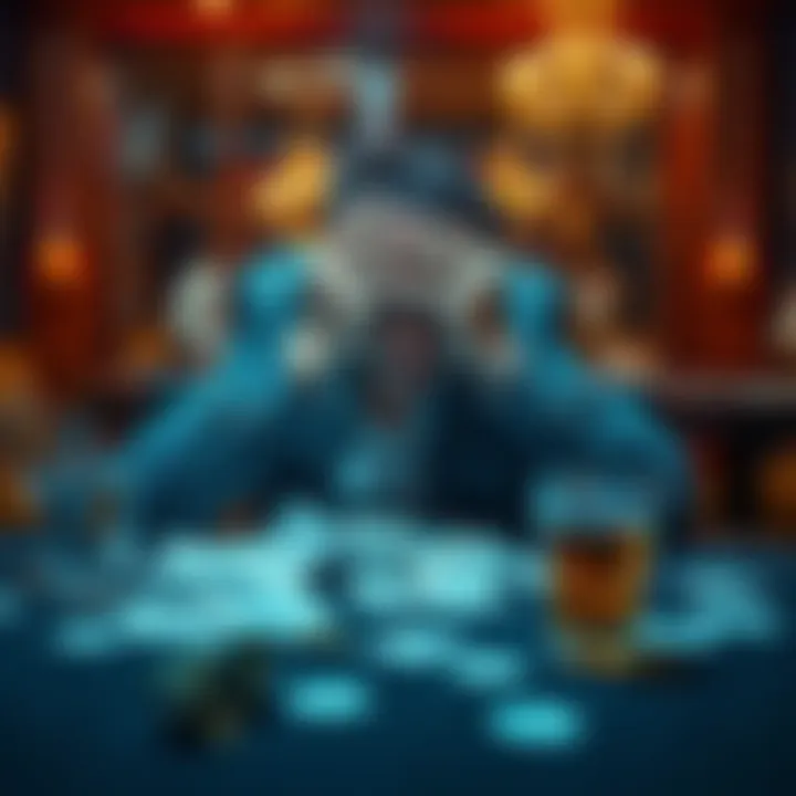 A person sitting at a table with a head in hands, surrounded by betting slips and empty drink glasses, showing frustration after a gambling loss.