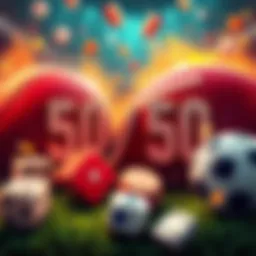 Graphic showing 50/50 and 69/50 betting odds with sports elements like footballs and dice