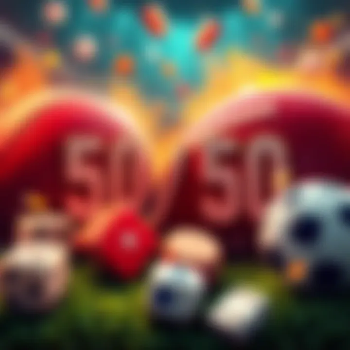 Graphic showing 50/50 and 69/50 betting odds with sports elements like footballs and dice