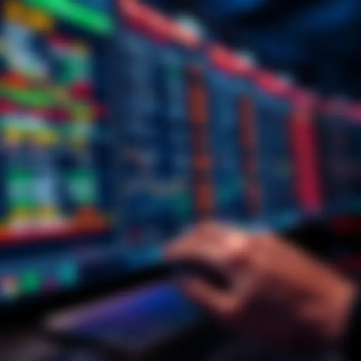 A close-up of a computer screen displaying betting odds changing rapidly, with a person's hand hovering over a mouse, showing engagement with online betting.