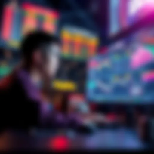 A gambler analyzing betting odds on a computer screen, with charts and graphs showing potential wins and losses.