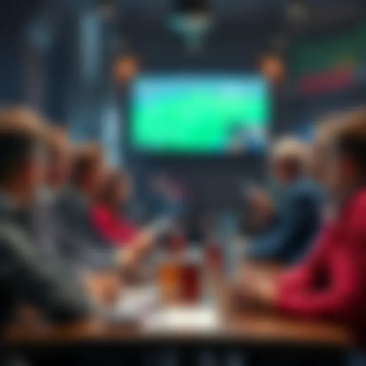 Betting on Corners in Sports A group of people discussing sports betting strategies around a table, some with notepads and drinks, focused on a soccer match on TV