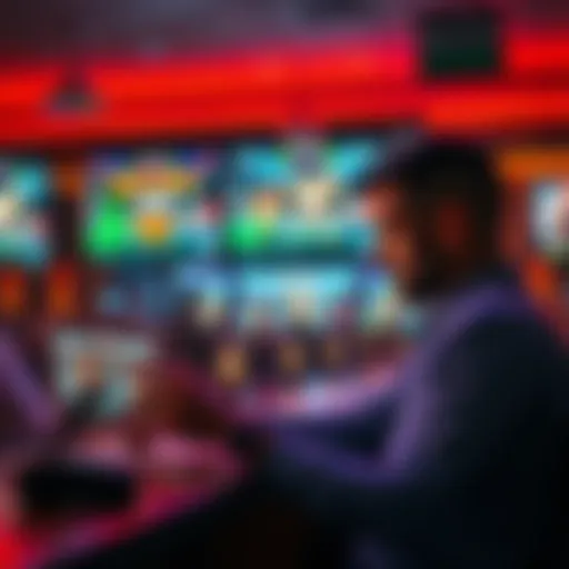 A person analyzing betting odds on a combat sports event, focusing on DDP and Usman. The scene shows a sports bar atmosphere with screens displaying fight highlights.