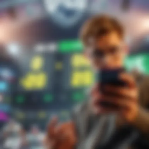 A person looking worried while checking their betting app with a background of football plays and a score of 0-20 displayed prominently