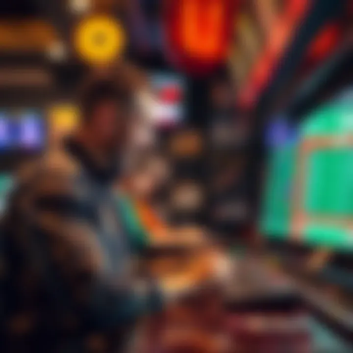 Betting on a Long Shot A person placing a bet at a sports book with excitement before game 4, surrounded by sports memorabilia and odds boards