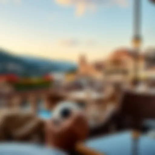 A person sitting at an outdoor café, using a smartphone to access a betting site while traveling in a foreign country, with a scenic view in the background.