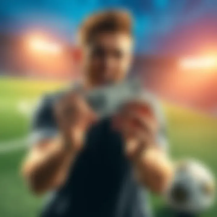 A person placing a $2 bet on a soccer game with excitement, showing a ticket and a soccer ball in the background