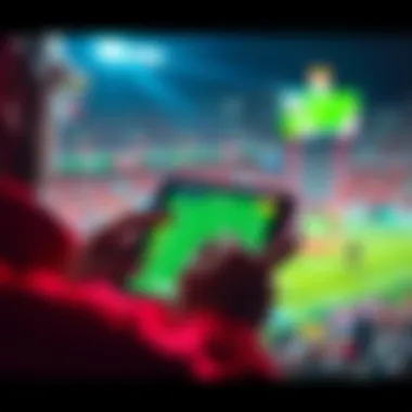 A person analyzing sports betting odds on a mobile device with a sports event in the background.