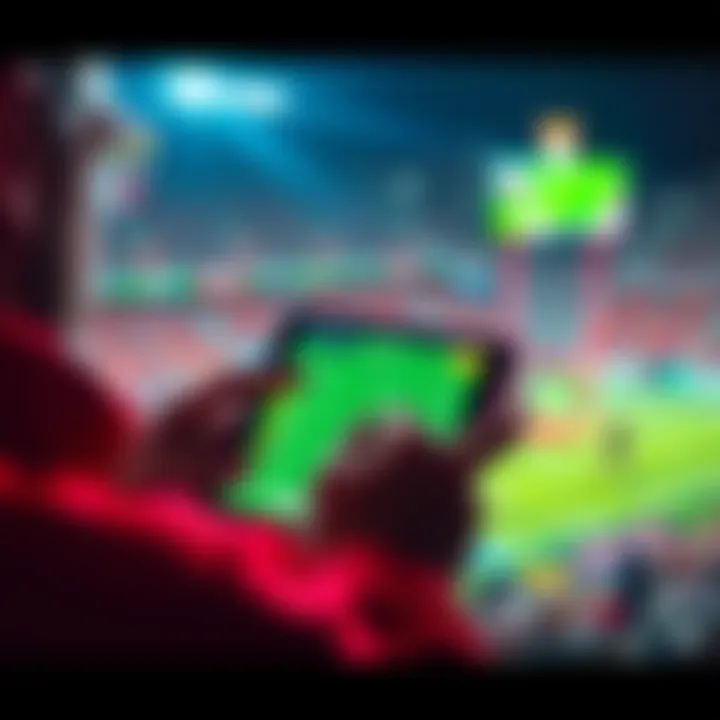 A person analyzing sports betting odds on a mobile device with a sports event in the background.