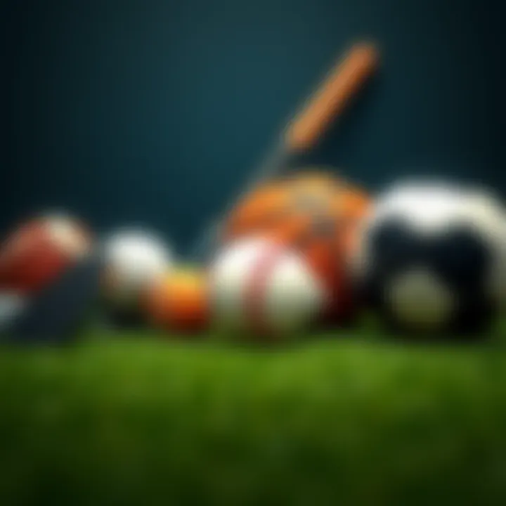 A visual showing various sports equipment like a golf club, hockey stick, and basketball next to a baseball and soccer ball, symbolizing betting on different sports.