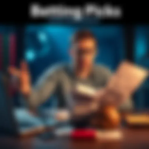 A concerned person reviewing loss reports on sports betting picks, looking frustrated and confused, with betting slips and a laptop on the table.