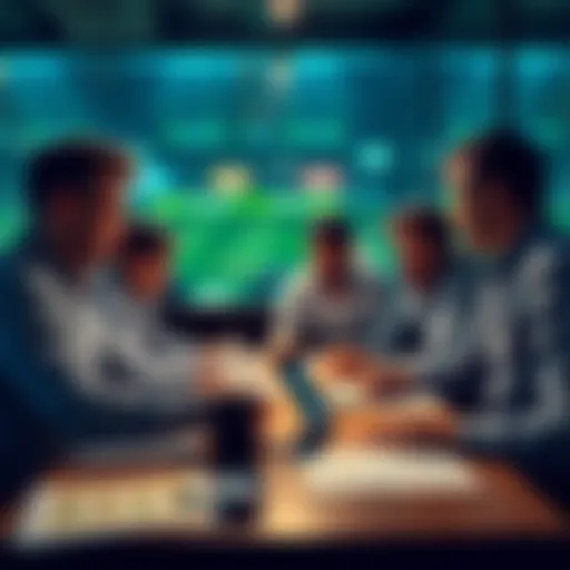 A group of people discussing betting strategies and sharing tips at a table with betting slips and charts