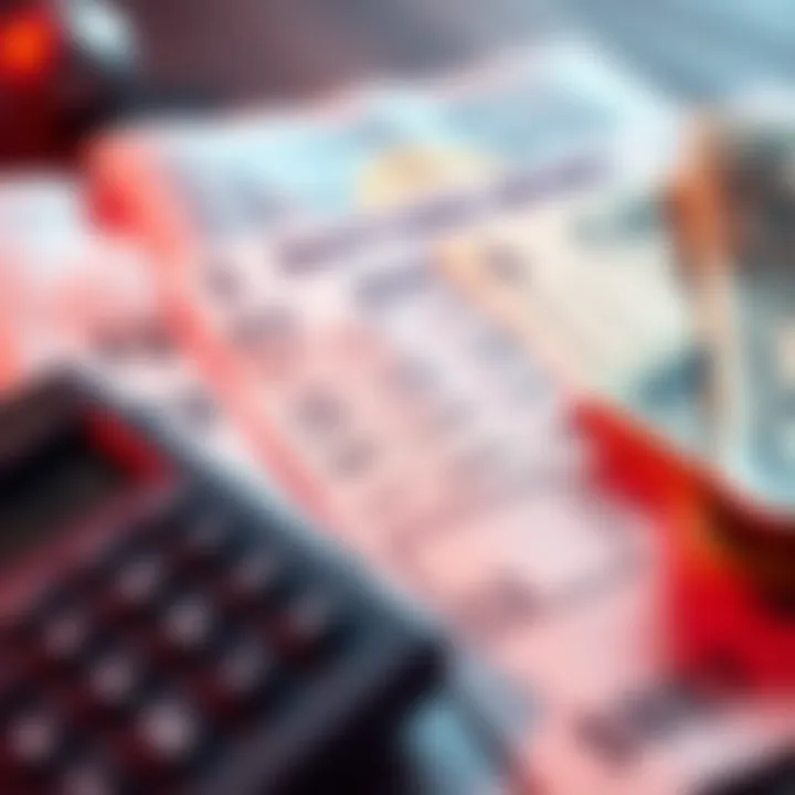 A close-up of betting slips showing different match outcomes and odds, with a calculator and money on the side.