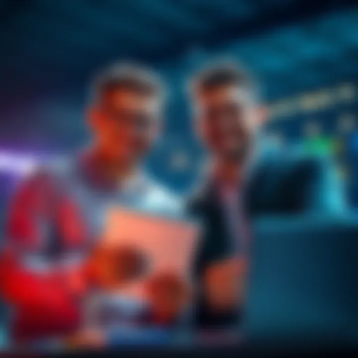 Two people discussing betting strategies with a notebook and laptop.