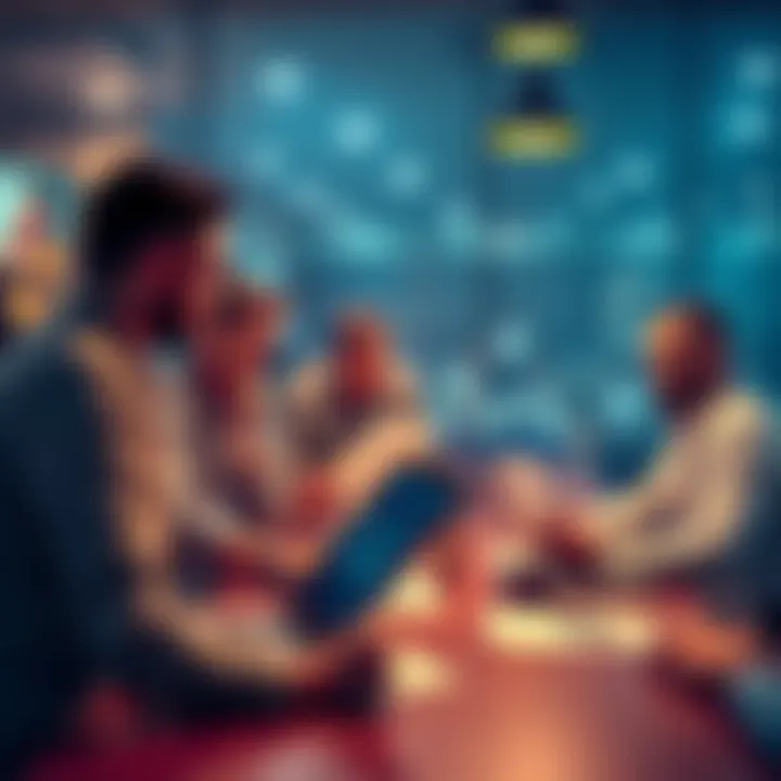 A group of people discussing betting combinations at a table with papers and laptops