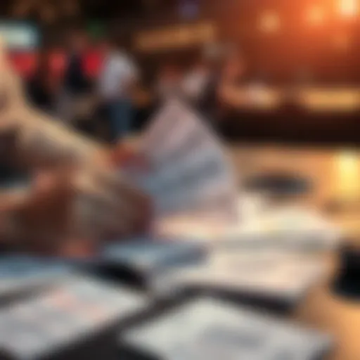 A person examining betting slips and analyzing potential bets on a table