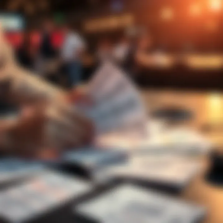 A person examining betting slips and analyzing potential bets on a table