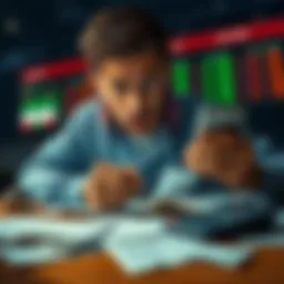 A person looking worried while checking betting odds on their phone, surrounded by betting slips and a calculator