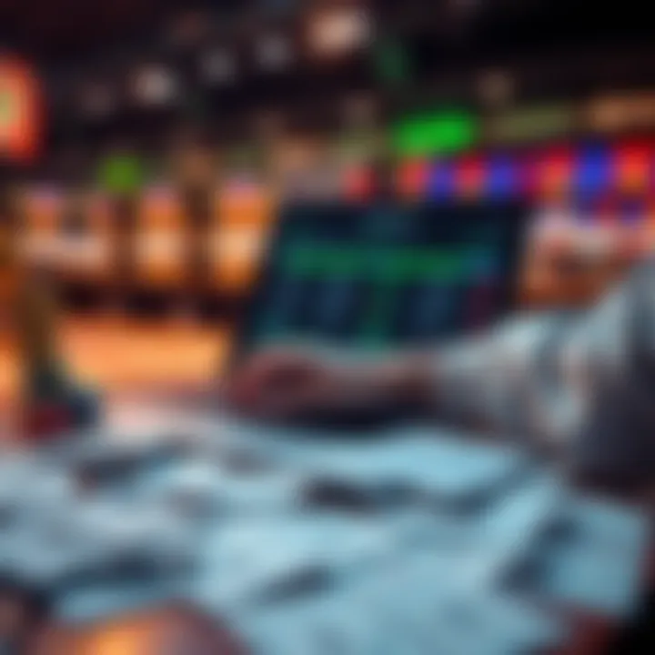 Betting Strategy Concept A person analyzing sports betting data on a laptop with betting slips scattered on a table