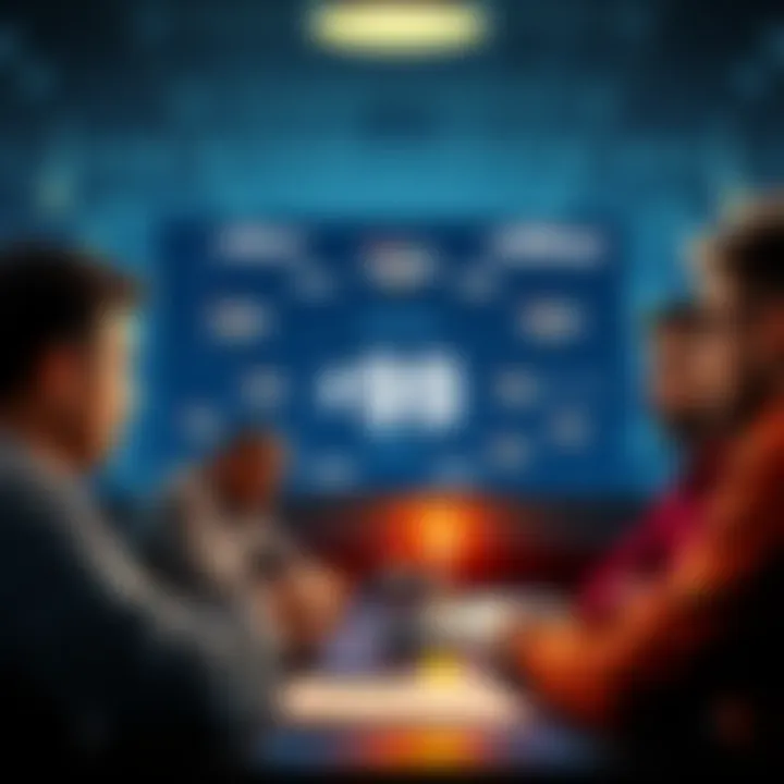 A group of people discussing betting strategies with a chart showing a graded 99 NUKE at the center, surrounded by March Madness logos.