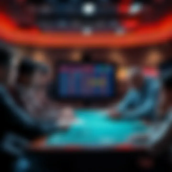 Betting strategy discussion Group of people reviewing betting strategies around a table with sports betting graphics on a screen