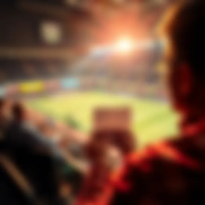 Person placing a bet on a game A person focuses on a betting slip while watching a sports game, showing excitement and concentration.