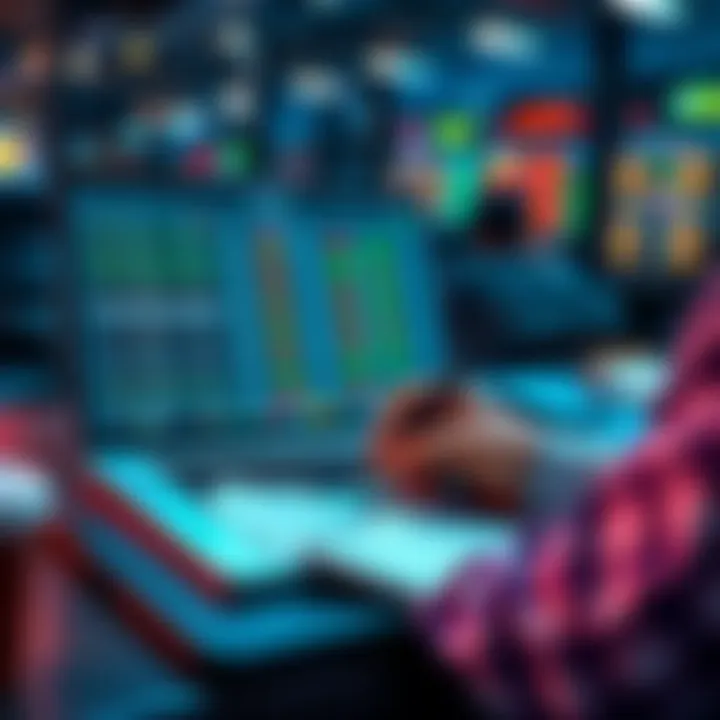 A person analyzing betting trends on a laptop with sports scores displayed, while jotting down predictions for upcoming games.