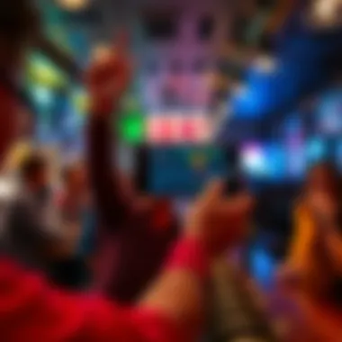 Individual showing a phone with a betting screen in a sports bar, celebrating a winning bet with friends around.