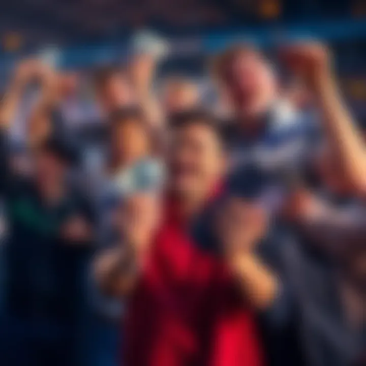 A group of happy people celebrating after a successful betting win, with cash and sports betting slips in their hands