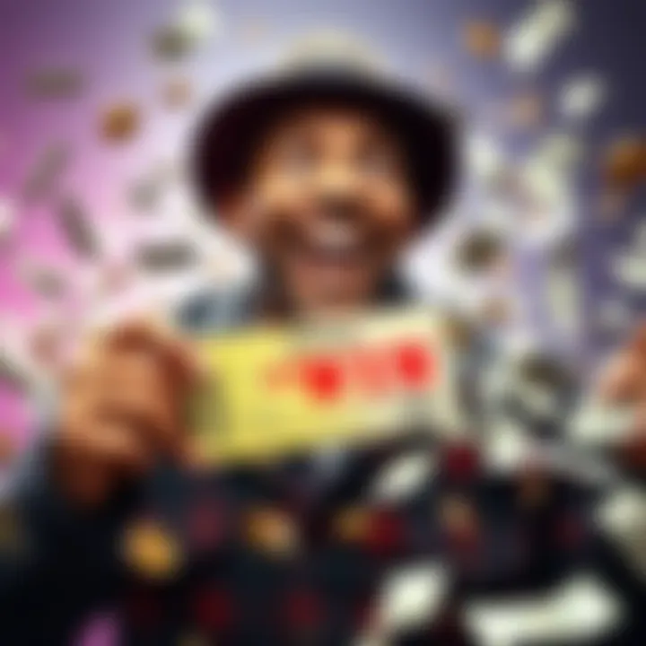 Celebrating a Betting Win A person wearing a big smile, holding a ticket showing a winning bet, surrounded by money and excitement, ready to share more wins.