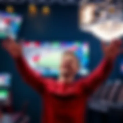 A person celebrating a betting win with raised arms and a big smile, surrounded by images of cash and sports events on a TV screen, capturing the thrill of gambling success.